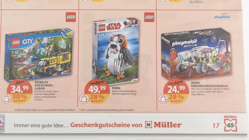 Prospekt Seite 17 Müller Angebot für LEGO Star Wars 75230 Porg