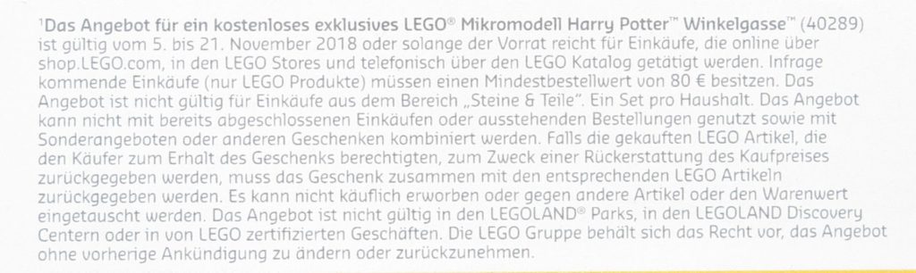 Kleingedrucktes LEGO Harry Potter Winkelgasse 40289 | ©LEGO Gruppe