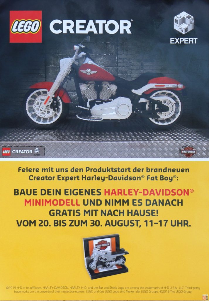 LEGO Flyer Bauaktion Harley-Davidson Minimodell August 2019 in LEGO Store Riem-Arcaden bei München | Foto Brickzeit